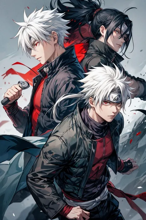 a dynamic scene featuring satoru gojo from jujutsu kaisen, jiraiya from naruto, and kakashi from naruto. satoru gojo stands in t...