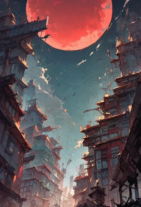 score_9, score_8_up, score_7_up, score_6_up, a city with red and blue buildings, smoke, and a red moon