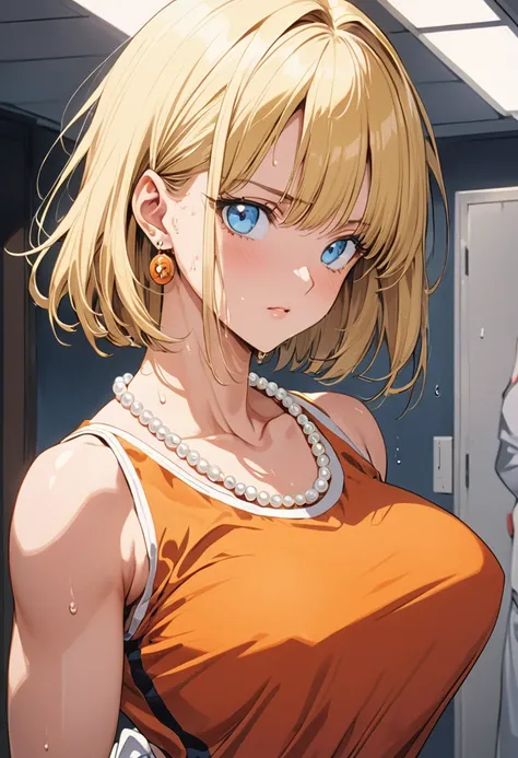 masterpiece, Highest quality, High resolution, (Artificial Human Room No. 18),1990s (style),(E-cup beautiful breasts)、height: 170cm,Sweating all over the body、Muscular、((sexy))、(Browsing Caution),独奏,Anime-style painting style, Blonde, blue eyes, Orange kar...