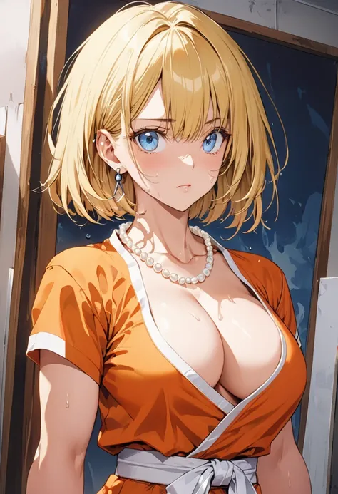 masterpiece, Highest quality, High resolution, (Artificial Human Room No. 18),1990s (style),(E-cup beautiful breasts)、height: 170cm,Sweating all over the body、Muscular、((sexy))、(Browsing Caution),独奏,Anime-style painting style, Blonde, blue eyes, Orange kar...