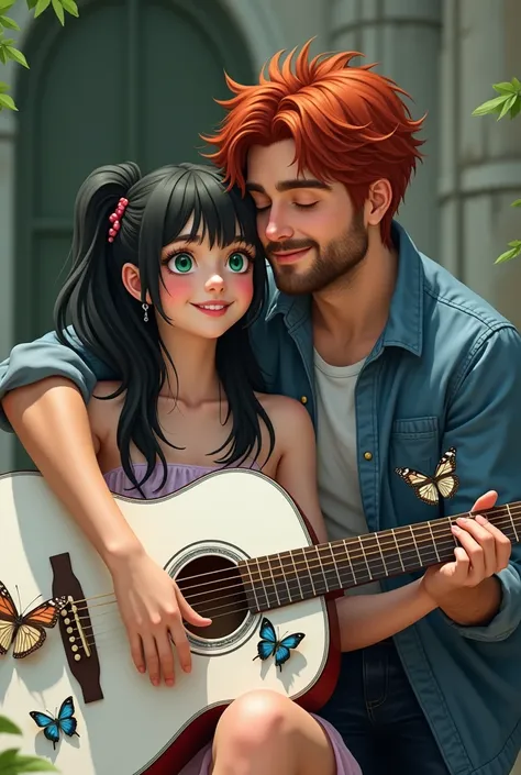 Black haired woman and red haired man, MAN WITH SHORT AND LOW HAIR, military court, both with green eyes, woman sitting with a guitar in her hands playing, the white guitar with big butterflies drawn on the guitar, blue and red and man behind her helping h...