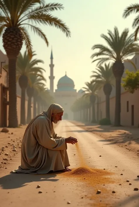 An old woman sitting on the way to the mosque is putting pin poo on the road. The scene will be Arabian atmosphere. 
There will be palm trees and small stones along the road. 
Baluka Rashi all around, a mosque can be seen in the distance.