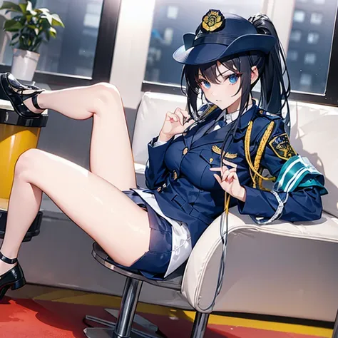 Ultra-high resolution, Ultra-high resolution, Ultra-high resolution, Ultra-high resolution, policewoman,ponytail、In the office、The face of cool、Cowboy Shot、Curvaceous mature woman、Full body image。