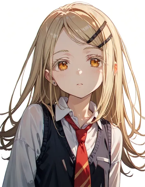 shinosawa hiro,slender,amber eyes,white eyelash,blonde hair,long hair,hairclip,white background,flat chest,necktie,black vest,