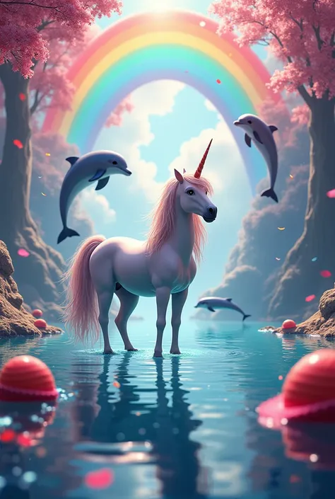 un unicornio with dolphins y un arcoiris  con caramelos,very colorful, with dolphins,many dolphins 