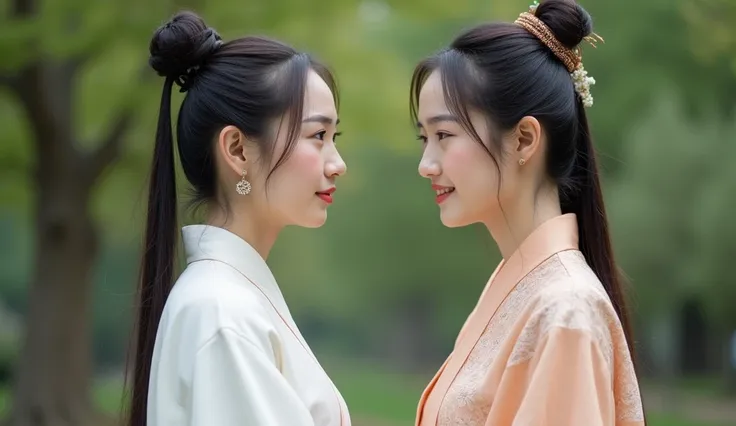  2 young  ancient chinese women of random ages one with simple plain white dress and another one dresses elegantly talking face to face.