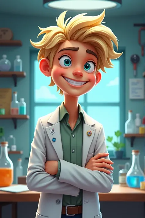 Create a scientist with the characteristics:
good people, blond, funny