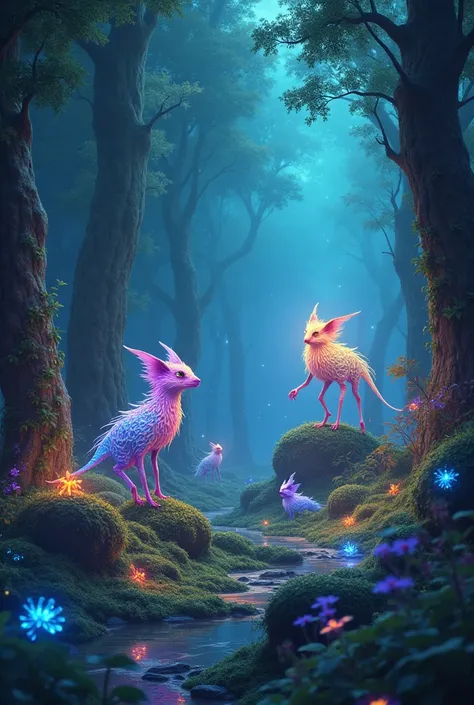 Show colorful creatures in a magical-looking environment, with luminous trees