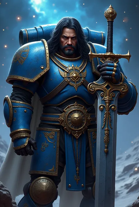 Man samoan long black hair space marine Warhammer 40k space wolves BLUE armor big sword