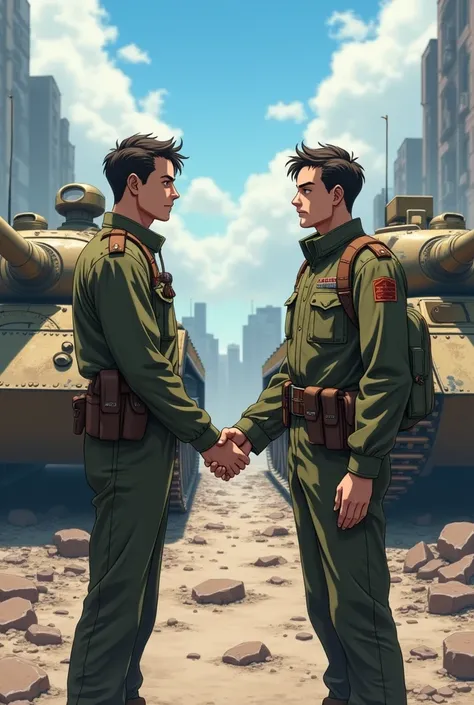 Two great male friends, shaking each other&#39;s hands, with a tank behind each one, representing them, in a destroyed scenario.
anime format