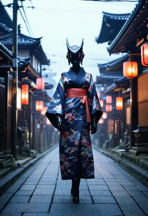 torii、temple、Crow、Creating an image of a female android in a beautiful kimono walking through the streets of Kyoto. The style is terrible, and the fusion of humans and Robots has a mysterious and creepy atmosphere amidst the beauty. In the background is an...