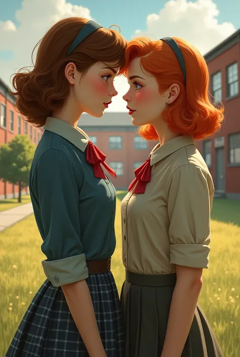 In 50s girl, hair brown, eyes violet. Secret love for bully ginger girl, hair pixie cut, freckles, amber eyes. Scenario: school 50s