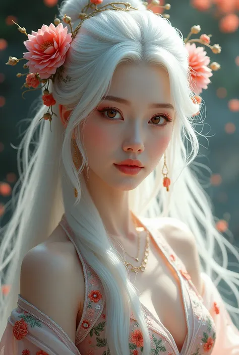 A beautiful woman with white hair and red eyes, wearing a Chinese dress with flowers on her head.