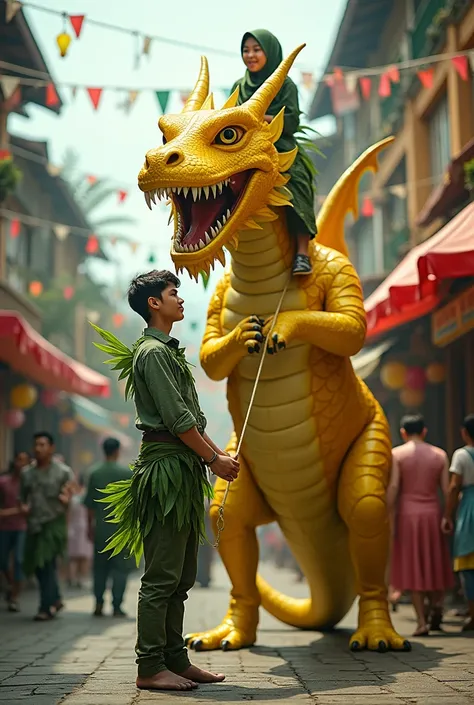 realistic photography, a young Indonesian man wearing clothes made of leaves pulls a rope tied to the neck of a large yellow dragon, above him riding the dragon is a young woman wearing a hijab wearing clothes made of leaves. busy street atmosphere. like t...