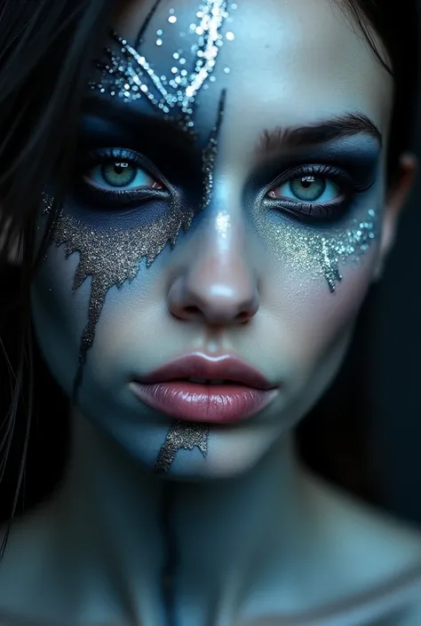 Create a themed makeup look "The Light in the Darkness". Start with a matte, textured base in gray and dark blue., simulating cracked skin. Apply deep blue and black eyeshadow around the eyes, with fine lines in white or silver eyeliner, representing threa...