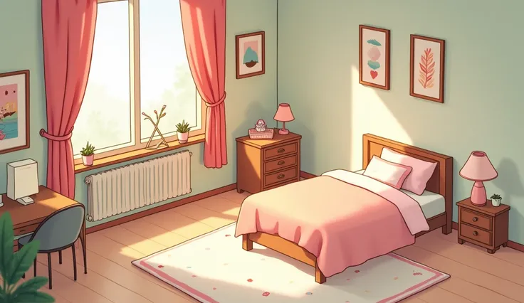 (masterpiece:1.2, Highest quality,Ultra-high resolution,Super detailed),8k,(wallpaper),(Best illustrations:2.0),(chibi bedroom : 2.0),(bedroom ,Very simple design),(isometric illustration) lofi, cozy, Studio ghibli style ,pastel tones, landscape