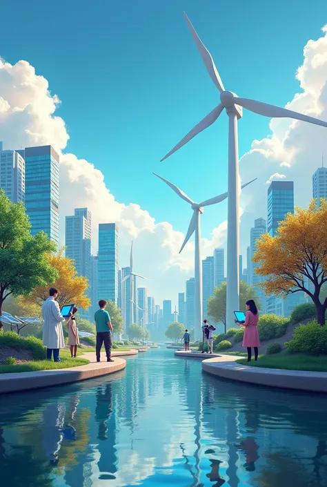 Design a vibrant and enchanting poster in -inspired art style with the theme Science, Technology, and Innovation: Partners for a Stable, Comfortable, and Secure Future.  turbines, solar panels, and a smart city with eco-friendly buildings. Show scientists ...