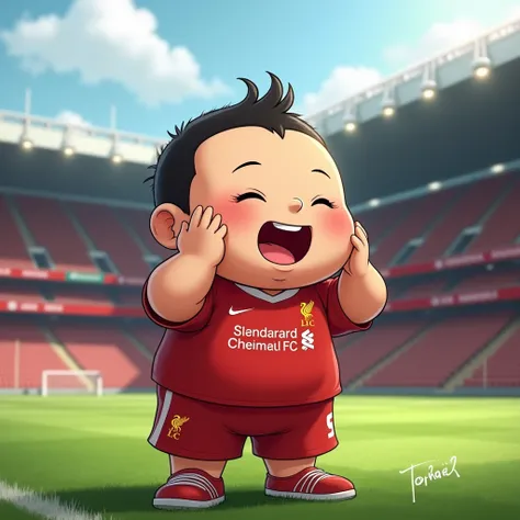 Cute chubby boy smiles in Toriyama Akira style, bows like a Thai and wears a Liverpool shirt, standing in a cartoon style. High-quality dynamic photos, detailed and colorful. Realistic and colorful poses, the background is Andfield Stadium.