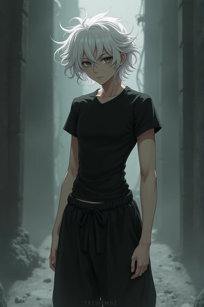 Half-dark anime boy, physically weak with white curly hair, he wears a black compression shirt and black harem pants too 