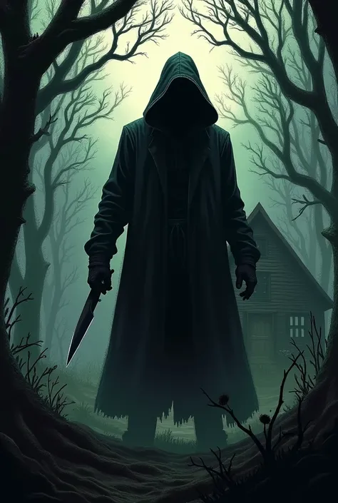 One with knife in hand in a dark forest with a cabin 
 