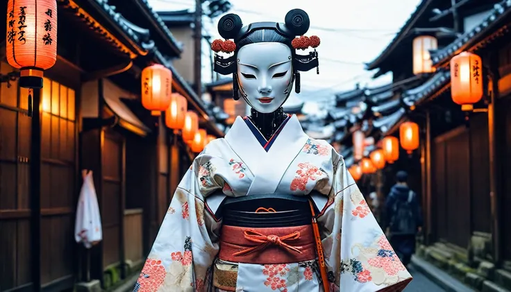 torii、temple、Bobcut、White Mask、Noh mask、Creating an image of a female android in a beautiful kimono walking through the streets of Kyoto. The style is terrible, and the fusion of humans and Robots has a mysterious and creepy atmosphere amidst the beauty. I...