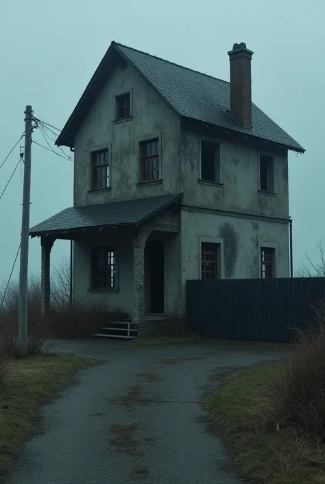 The house that is wider, has no roof, It has two divisions, One is a metal door, almost broken., and the other part is beyond,  and that house must be on the seashore, but looking towards the sea, and there is no light it is darkness, the house is abandone...