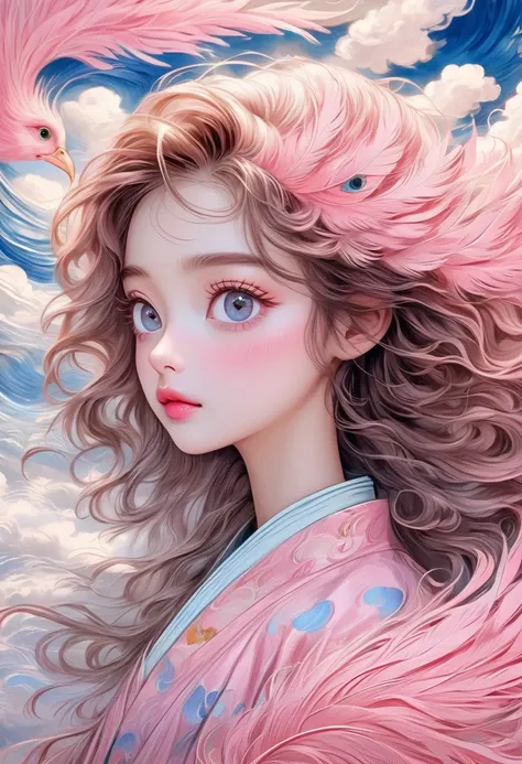 hand-drawn style：rough texture，（in the clouds，1 girl，beautiful face，big eyes，bright eyes，delicate lashes，fluffy messy long hair，...