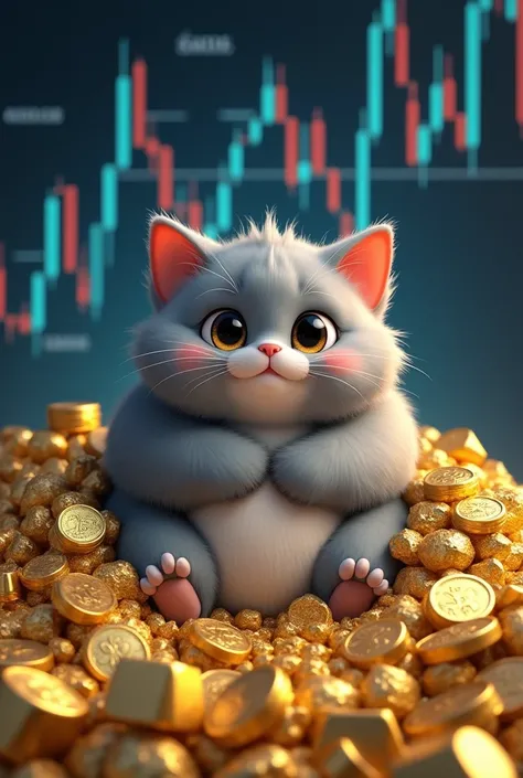 Cute fat gray cat with eyes open on a pile of gold and a blue and gray Forex chart background.