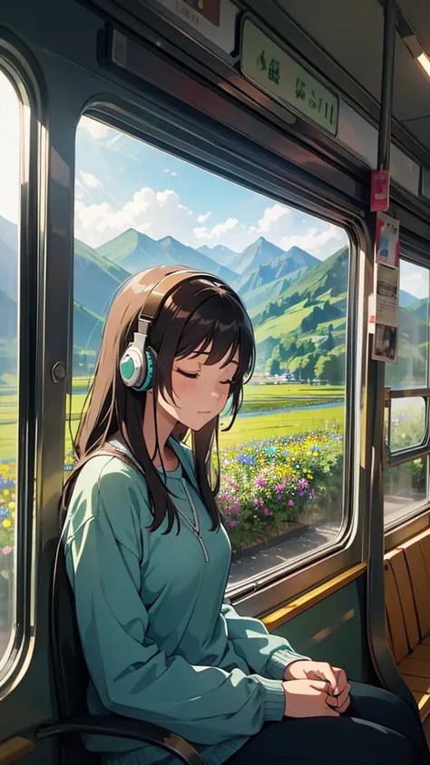 woman on the bus traveling through the mountains with headphones and eyes closed listening to music sitting next to the bus wind...