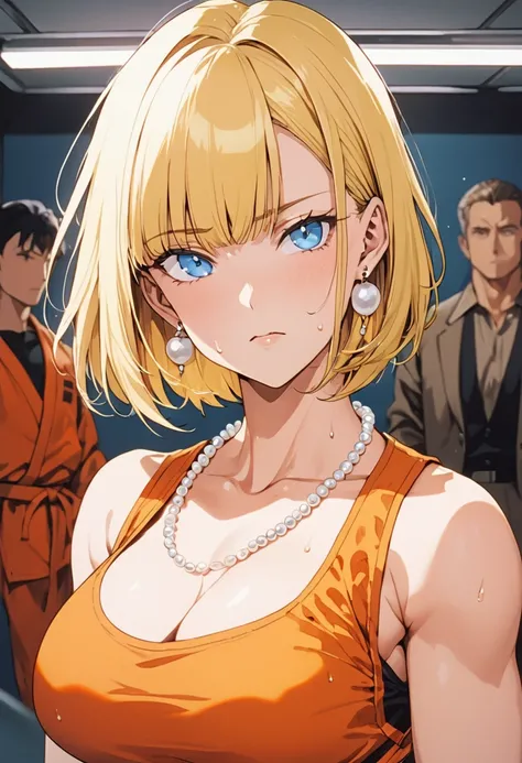 masterpiece, Highest quality, High resolution, (Artificial Human Room No. 18),1990s (style),(E-cup beautiful breasts)、height: 170cm,Sweating all over the body、Muscular、((sexy))、(Browsing Caution),独奏,Anime-style painting style, Blonde, blue eyes, Orange kar...