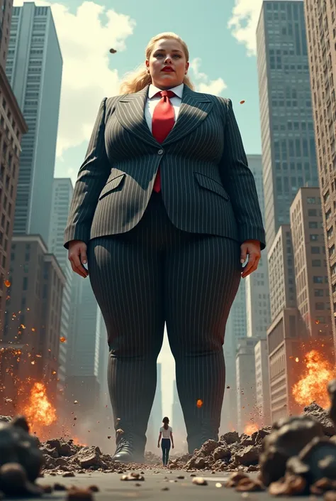 (photorealism:1.2), young , beautiful bbw schoolgirl a massive curvy blonde ponytail red lips wearing a perfect dark pinstripe suit with a thick light red tie large collar large breasts. Platform high heels , standing, giantess art, highly detailed giantes...