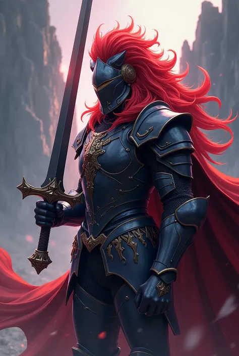 A knight with a red mane in a closed helmet and a medium sword with the ability of dark matter anime version 