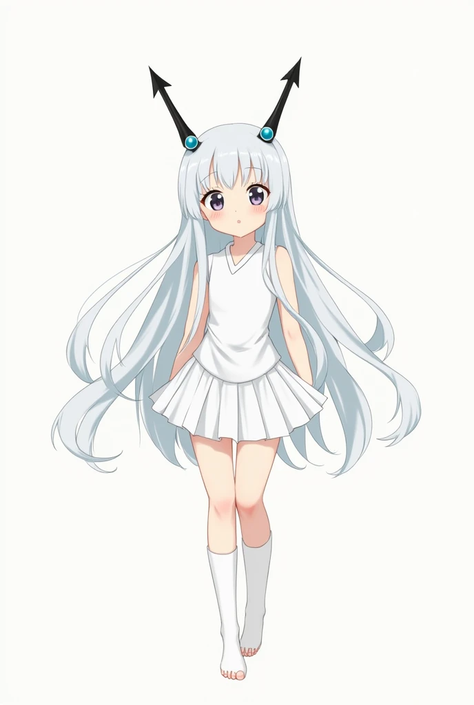 A Japanese anime style girl with long white hair，M-shaped bangs，There are only two black head ornaments on the top of her head that resemble upward arrows.，In the middle of each upward arrow there is a blue round bead dotted in the middle of the arrow，Ther...