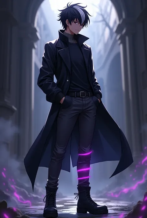 Sexy black skin anime boy character Black hair with a white stripe on it, wearing a long black jacket and wearing a long, dark gray pants with glowing purple stripes on it and wearing boots