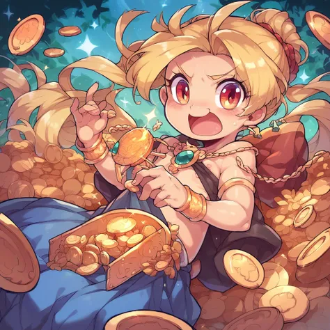 a child with long yellow hair with lots of gold,gold coins around it