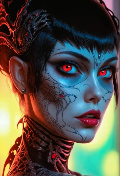 hr giger tattooed sexy seductive dead girl, perfect face, hyper detailed ruby eyes, full body view,