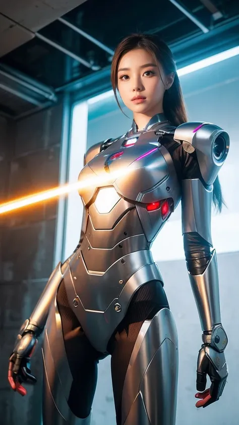 beautiful thai girl, silver iron man suit,((robot)),  dressing in a revealing manner, nude sexy, full metal armor, (small led li...