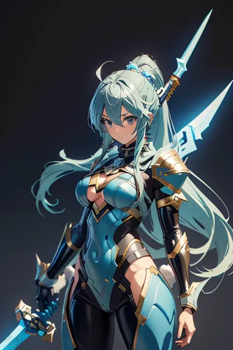 A woman in a silver and blue bunny suit style hero suit holding a sword, Katana Zero video game characters, Kirokaze pixel art, Zodiac Knight Girl, Aqua from Konosuba, guilty gear art style, Phantasy Star Online, sfw version, Hatsune Miku from Warhammer 40...