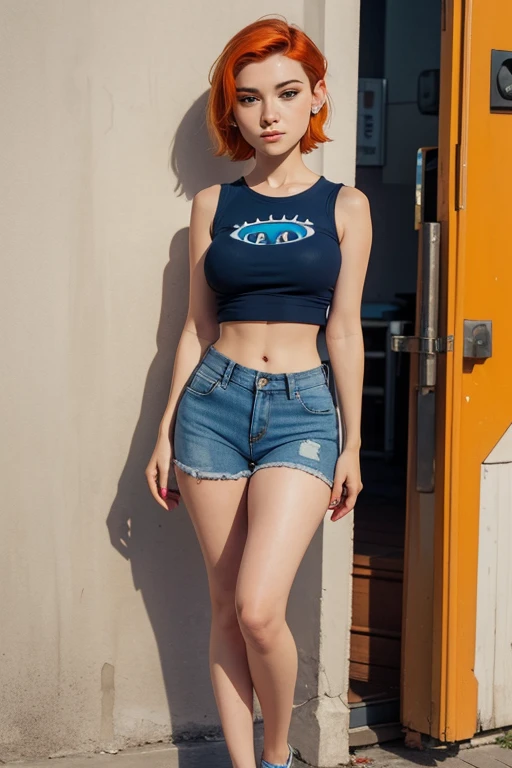 Woman with big blue eyes, smooth skin, detailed face, perfectly eyeliner, bobcut big bust and heavy sleeveless t-shirt fitted to the slim and curvy body, slim waist and wide hips big and shapely legs, cameltoe short jeans,full body portrait1.2, Image 1.2 h...