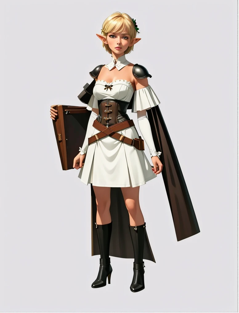 best quality, highres,((masterpiece)), (((best quality))), ((positive)), beautiful elf woman, short blonde hair loose, bow, lace, strapless white bustier, tanned short leather skirt with side split, leather satchel, pouch on the waist, harness, wide leathe...