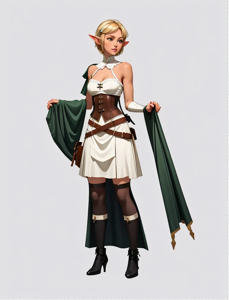 best quality, highres,((masterpiece)), (((best quality))), ((positive)), beautiful elf woman, short blonde hair loose, bow, lace, strapless white bustier, tanned short leather skirt with side split, leather satchel, pouch on the waist, harness, wide leathe...