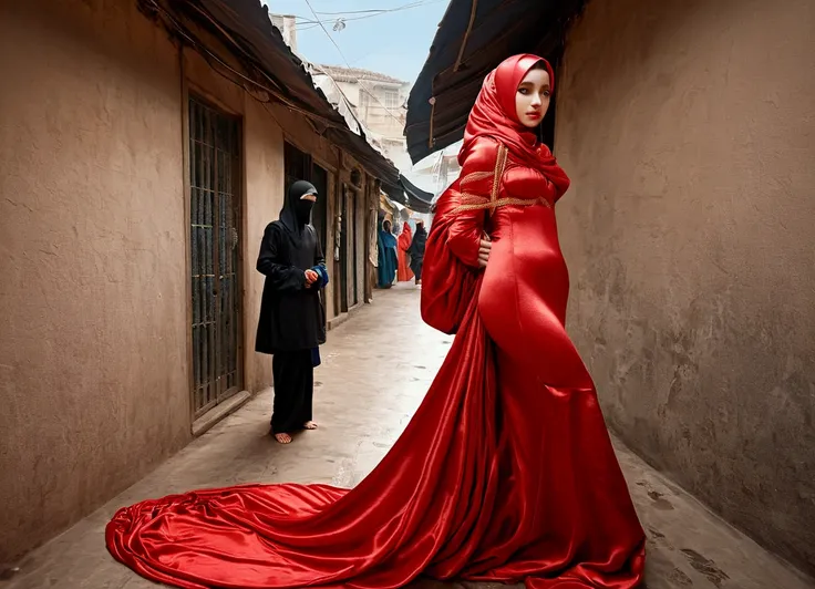 a woman shrouded in a 9-meter-long, plush red satin cloth, tightly bound and grandly draping along the form of her body, flowing...