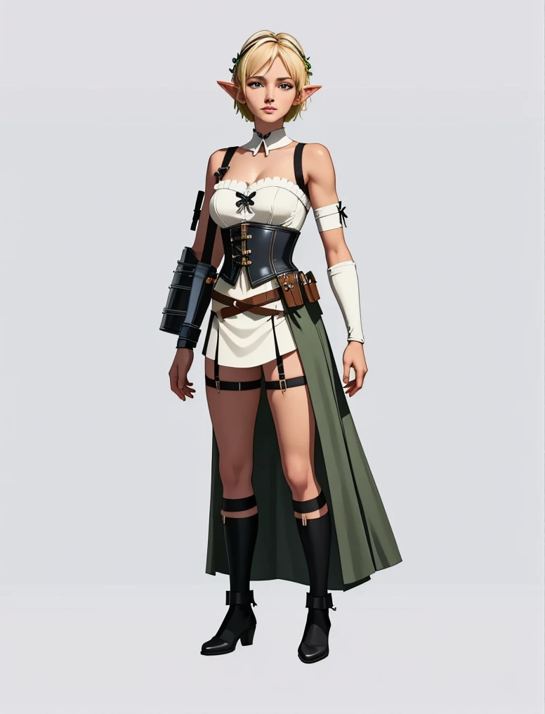 best quality, highres,((masterpiece)), (((best quality))), ((positive)), elf woman,  short blonde hair loose, bow, lace, strapless white bustier, colourful short skirt, satchel, pouch on the waist, harness, tool belt, tools, armour, elf, corset, Japanese a...