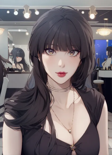 araffe woman with long hair and a necklace in a salon, long hair with full bangs, long hair with bangs, the hime cut, she has bl...