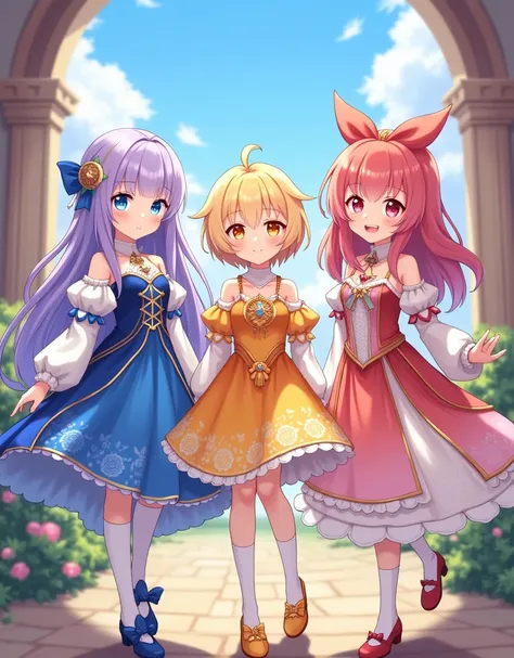 3 beautiful young girls, the first girl with long lavender hair with bangs and light blue eyes, wearing a gorgeous blue and white dress with the back of the dress longer than the front with detailed sleeves that show the shoulders and short socks reaching ...