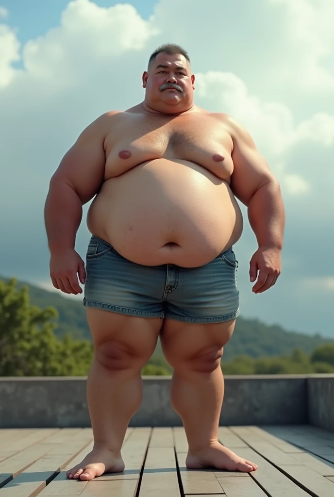 Hyper-realistic very attractive mature muscular handsome fat white man, japanese man, chubby, fat, obese, huge belly, beefy, thick legs, huge calves, standing, full body, at terrace, grey very short hair, well designed grey mustache, thick mustache, hyper-...