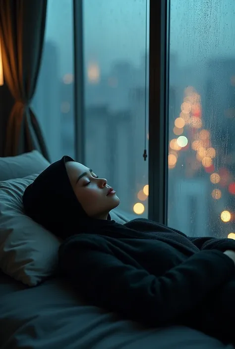 Beautiful woman sleeps, night rain in the glass room, black hijab woman sleeping in rain glass window of high rise building in city at night America