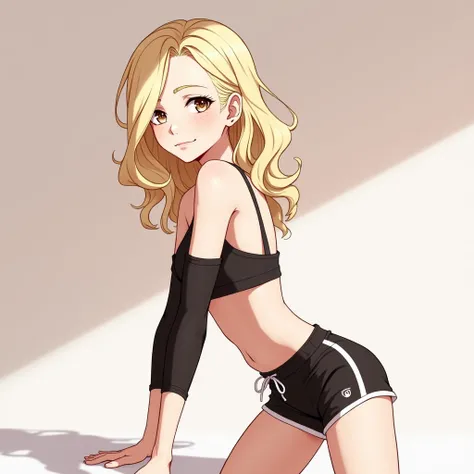 Make a Caucasian femboy with wavy blond hair wearing sports shorts and no top