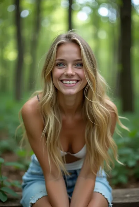 Photo of a smiling, Young blonde woman with long hair, She sits on a bench in the forest...., perfect anatomy, perfect blue eyes. Perfect hands with 5 fingers on each hand. (Eye make up:1.1), (highly detailed skin:1.1), spirit, analog style, keen focus, 8K...