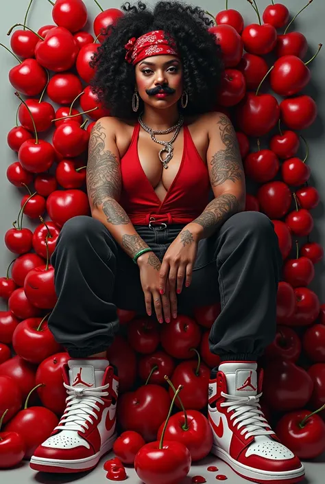 Very strong and more chola red cherries, with a mustache and a paleacate wearing Jordan 1 tennis shoes